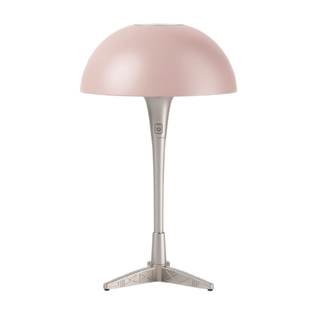 **Titre technique : Lampe de table design avec abat-jour rond en métal et base en métal, couleur rose**