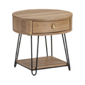 **Table de chevet ronde en bois avec tiroir et pieds en métal**