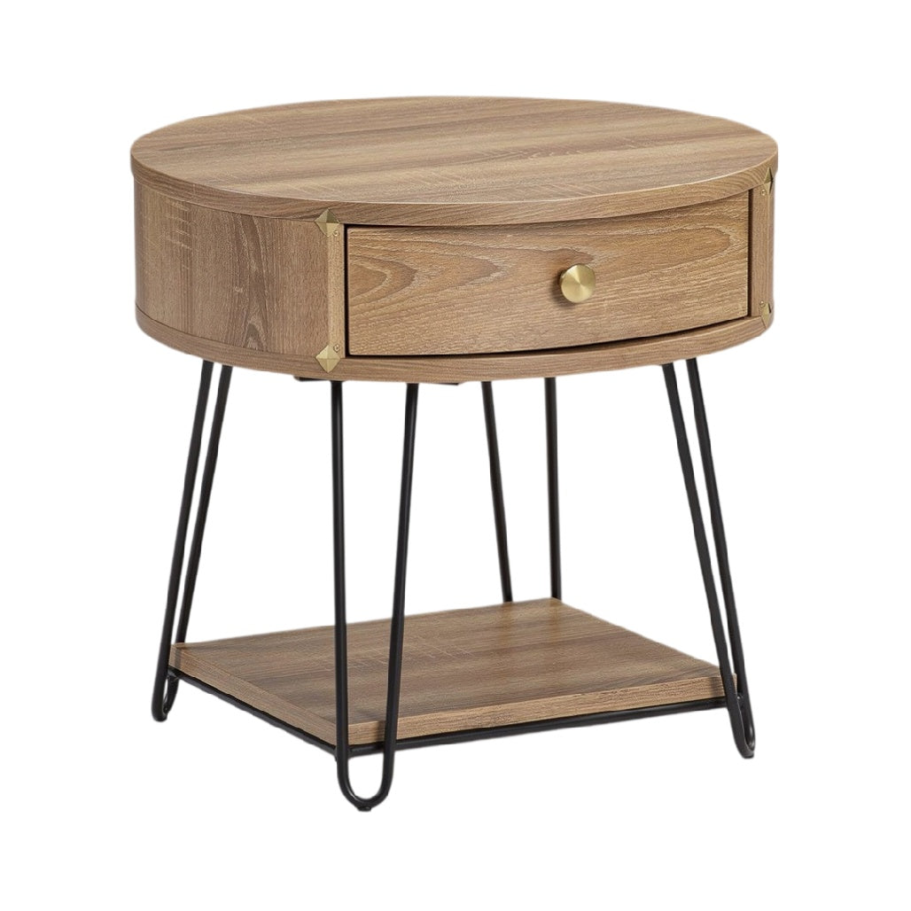 **Table de chevet ronde en bois avec tiroir et pieds en métal**
